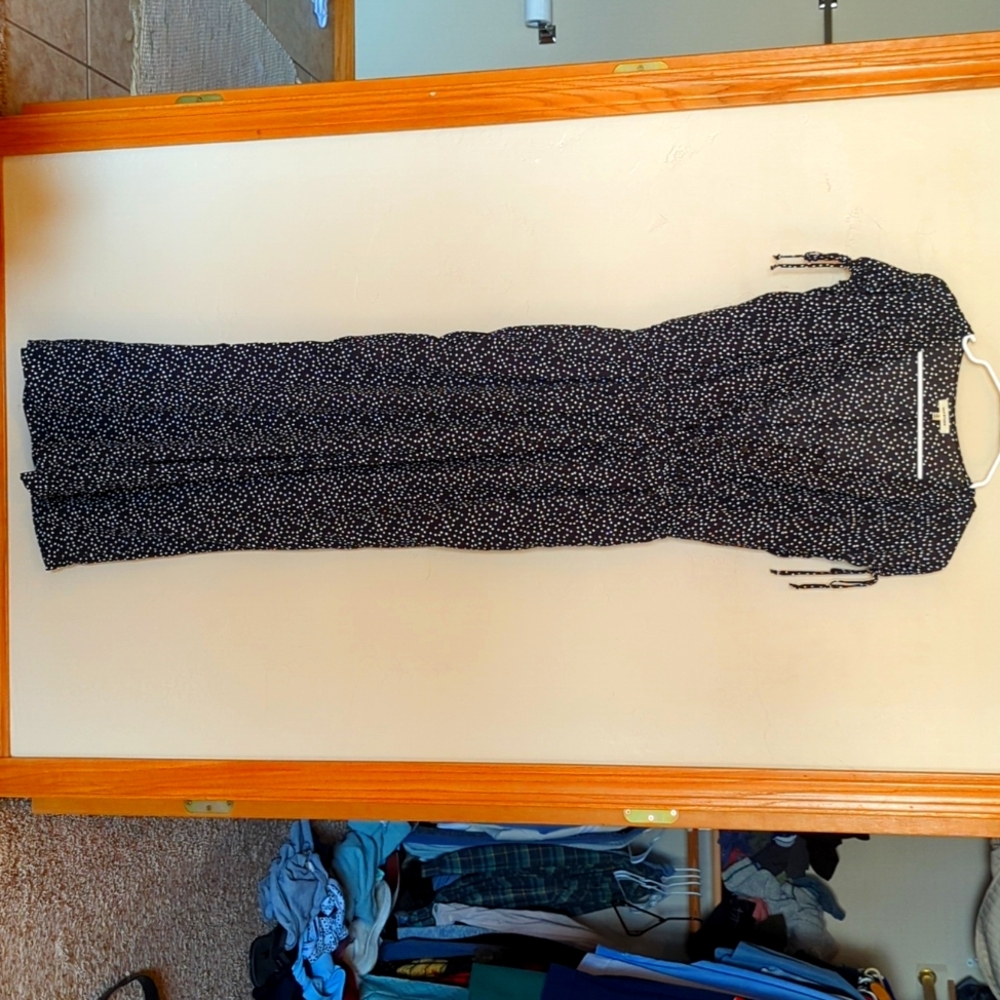Long pant jumpsuit, navy blue with white polka dots. Size Medium. Max Studio.
